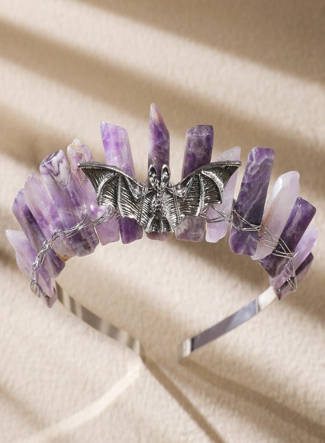 CoTeeZa Amethyst Crystal Crown for Women - Gothic Bat Elf Headband Raw Quartz Tiara Moon Goddess Headpiece, Whimsical Mystical Elven Circlet for Witch Renfaire Renaissance Halloween Cosplay - Image 3